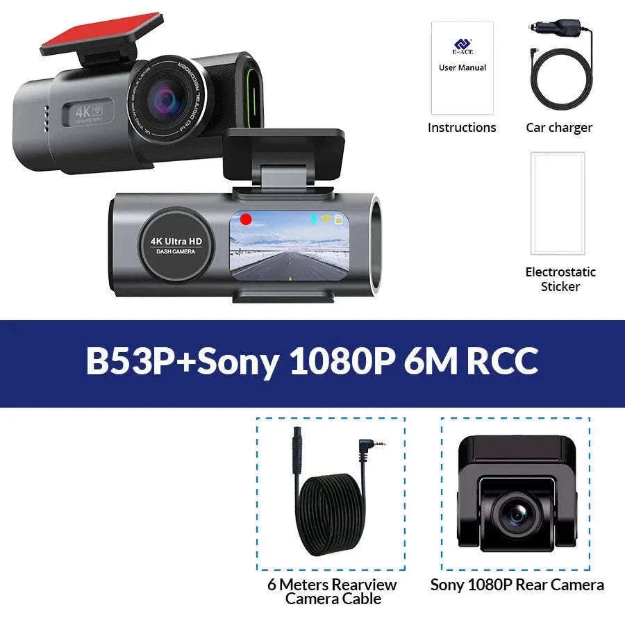 4K GPS Dash Cam with Wi‑Fi, Night Vision and Rear Camera Support-B53P-15M RCC-BL / 128G