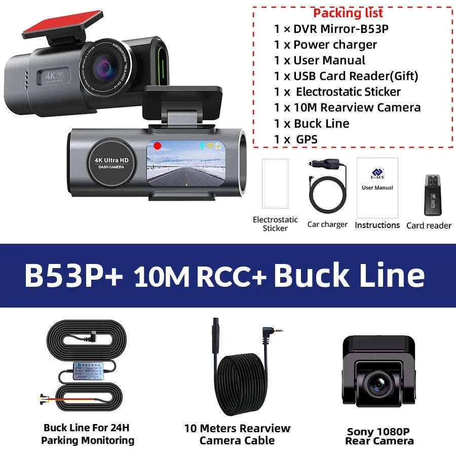 4K GPS Dash Cam with Wi‑Fi, Night Vision and Rear Camera Support-B53P-15M RCC-BL / 128G