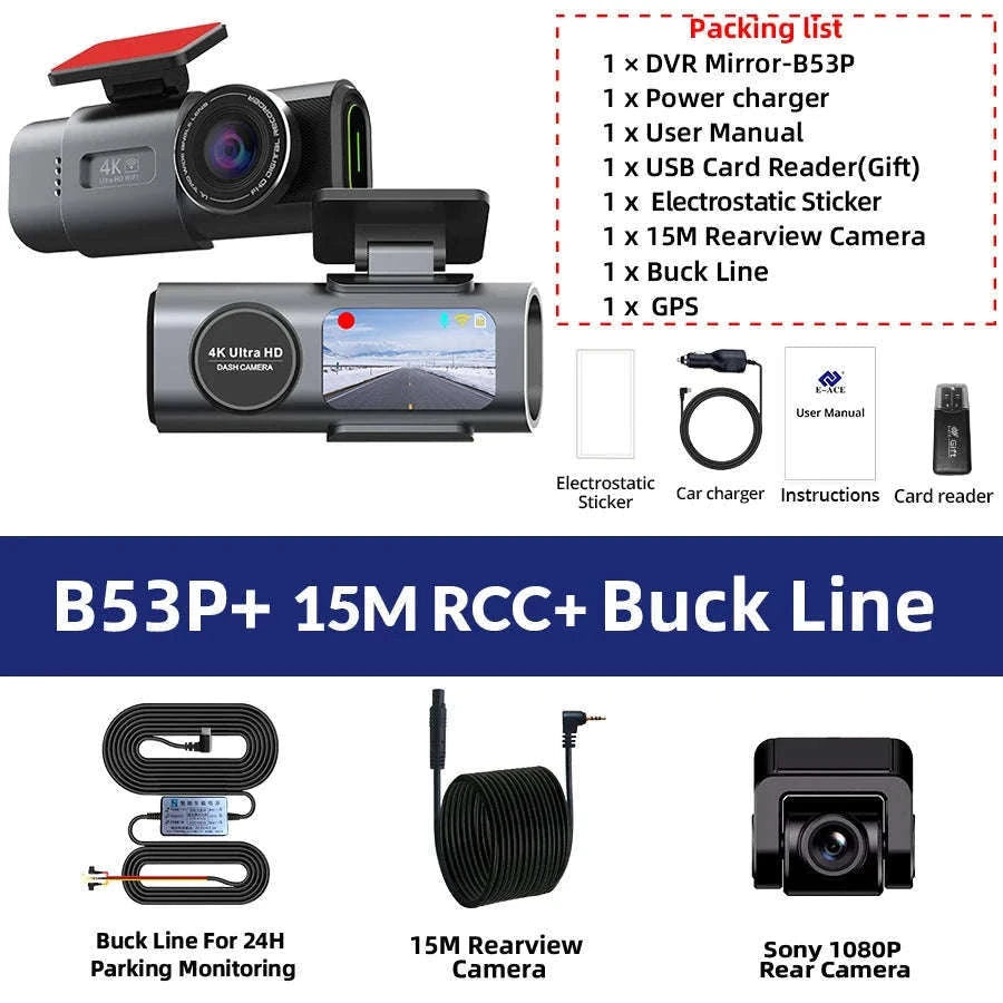 4K GPS Dash Cam with Wi‑Fi, Night Vision and Rear Camera Support-B53P-15M RCC-BL / 128G