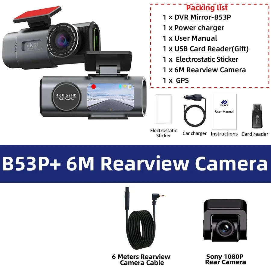 4K GPS Dash Cam with Wi‑Fi, Night Vision and Rear Camera Support-B53P-15M RCC-BL / 128G