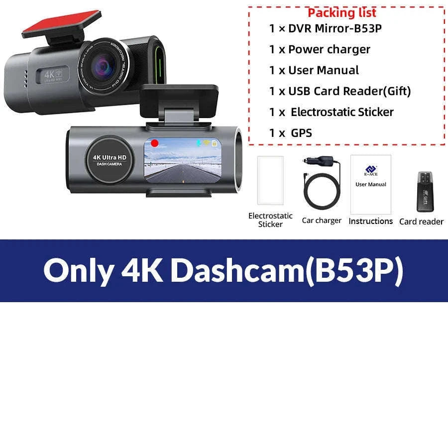 4K GPS Dash Cam with Wi‑Fi, Night Vision and Rear Camera Support-B53P-15M RCC-BL / 128G