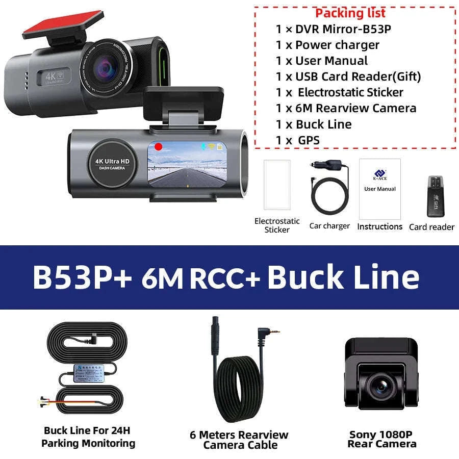 4K GPS Dash Cam with Wi‑Fi, Night Vision and Rear Camera Support-B53P-15M RCC-BL / 128G