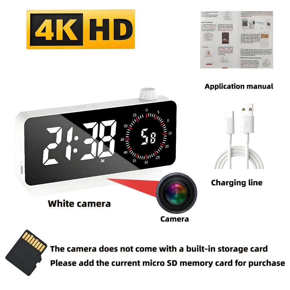 4K HD Mini WiFi Clock Camera with Remote Viewing-White camera / Add 32GB SD card / China Mainland