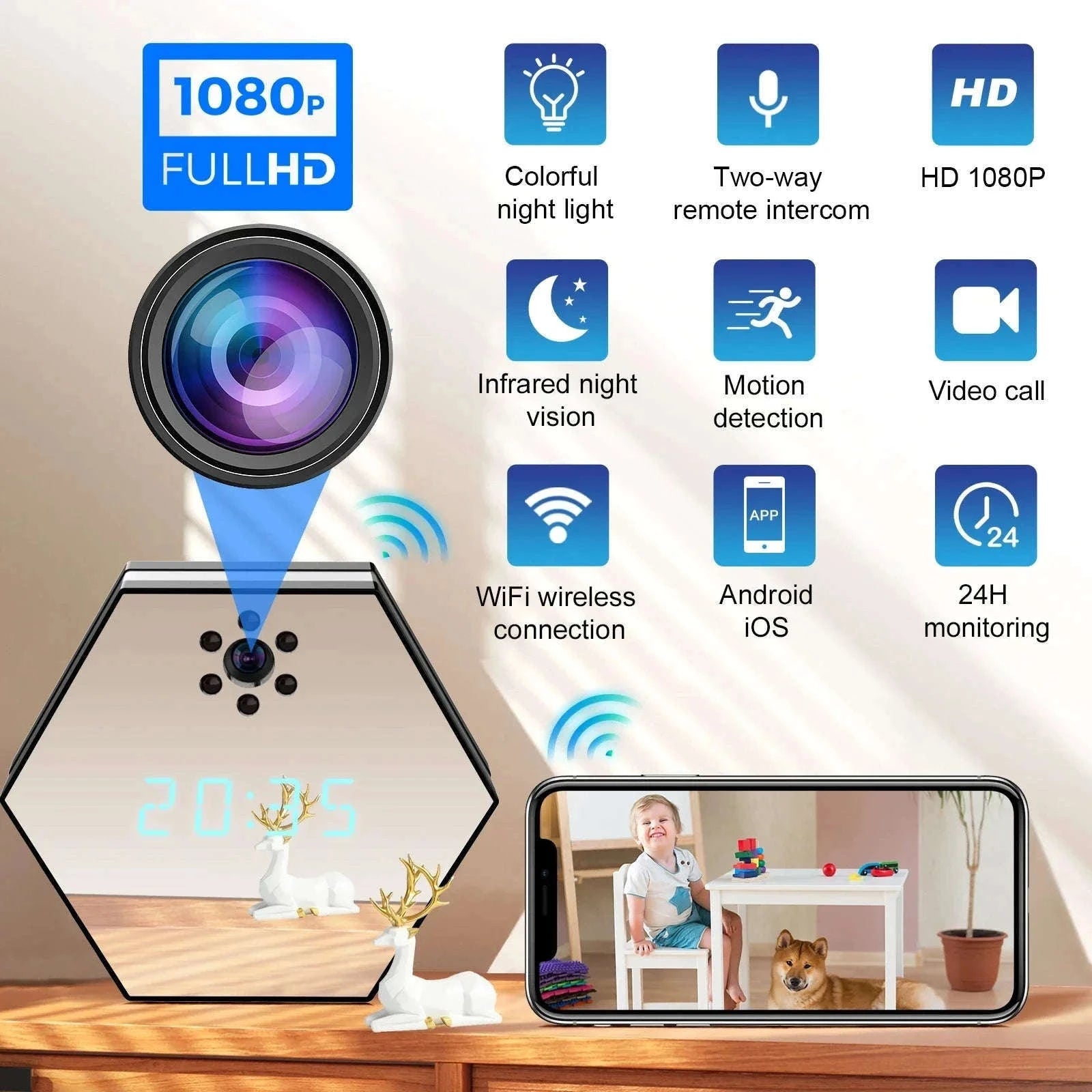 4K HD WiFi Mini Camera Clock with Night Vision-black