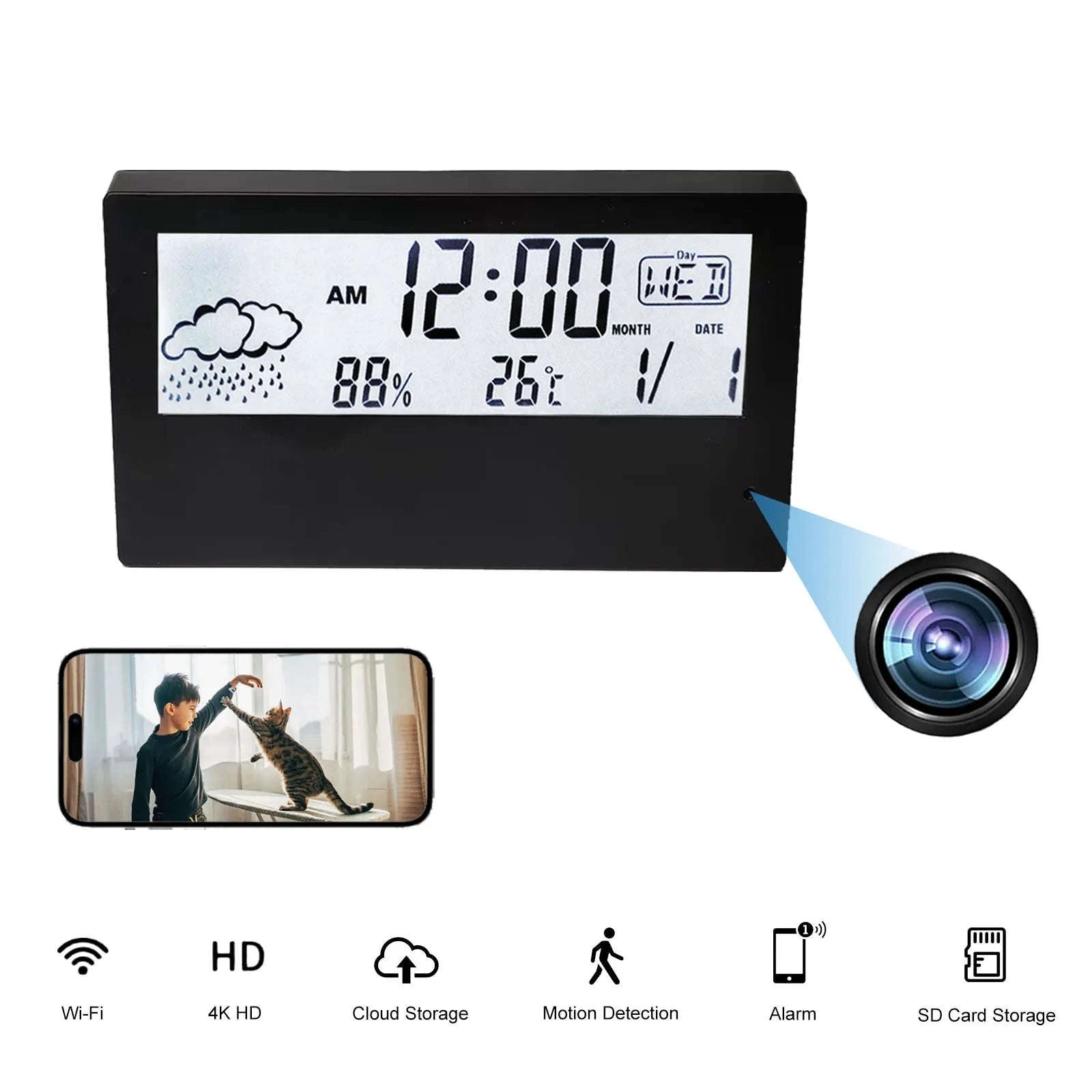 4K HD Wireless Alarm Clock Camera with Motion Detection and Remote Viewing-China Mainland