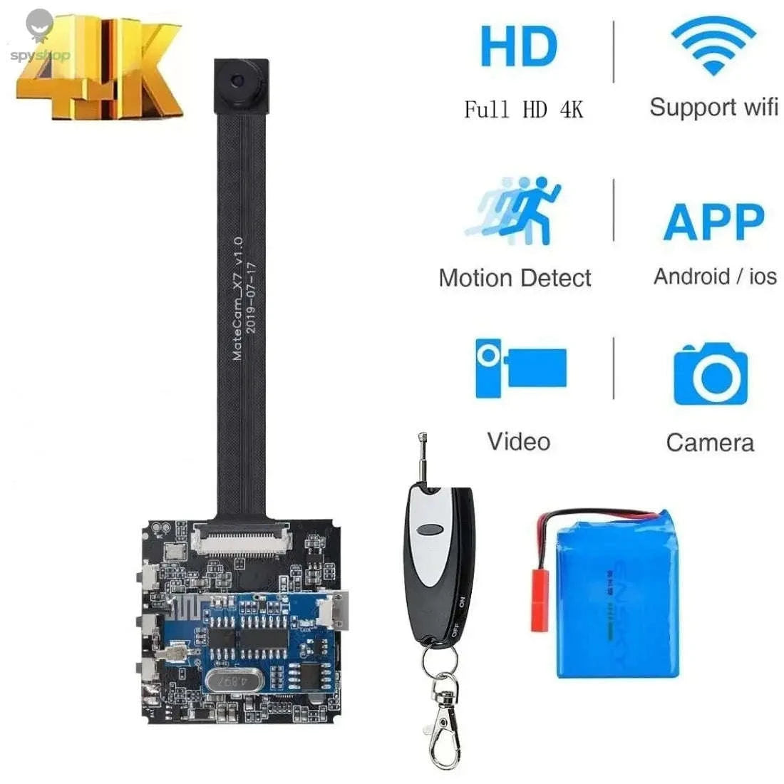 4K Mini Camera WiFi with 4000mAh Battery for Surveillance-No casing  Remote / 95 degree Lens