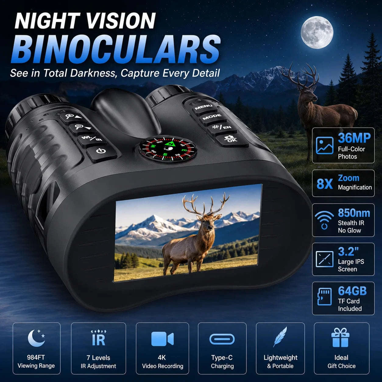 4K Night Vision Goggles with 8X Zoom and 64GB Card-4K 64GB / United States