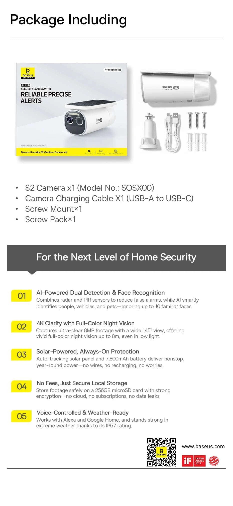 4K Solar Outdoor Security Camera with AI Detection & App Control-White