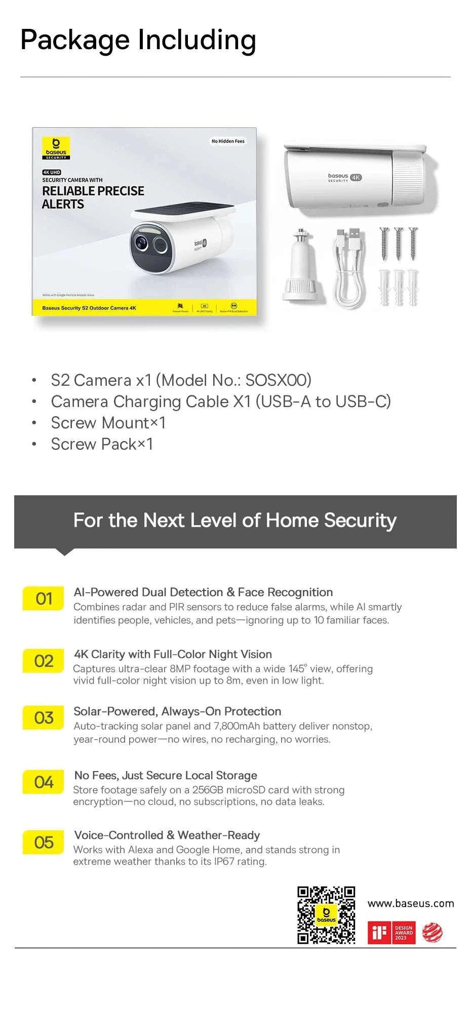 4K Solar Outdoor Security Camera with AI Detection & App Control-White