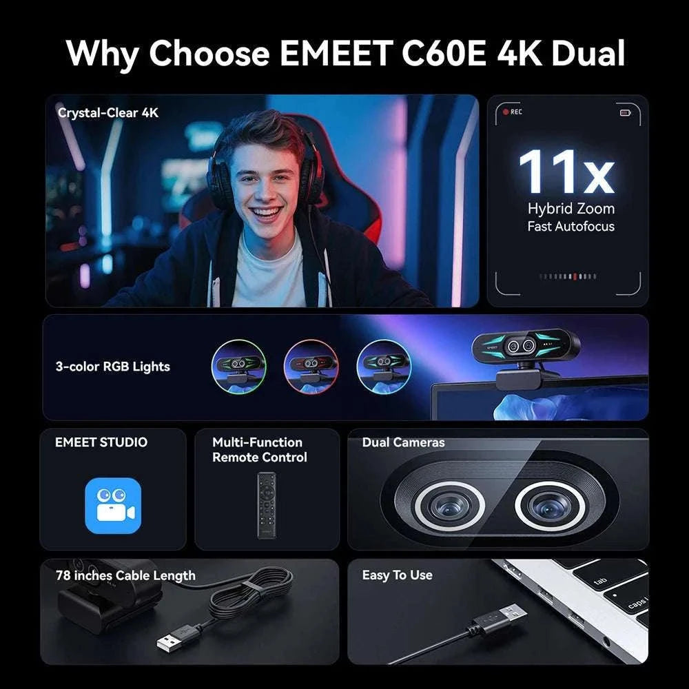 4K Webcam with Autofocus, Dual Mics & RGB Light for Streaming-4K Webcam / China Mainland
