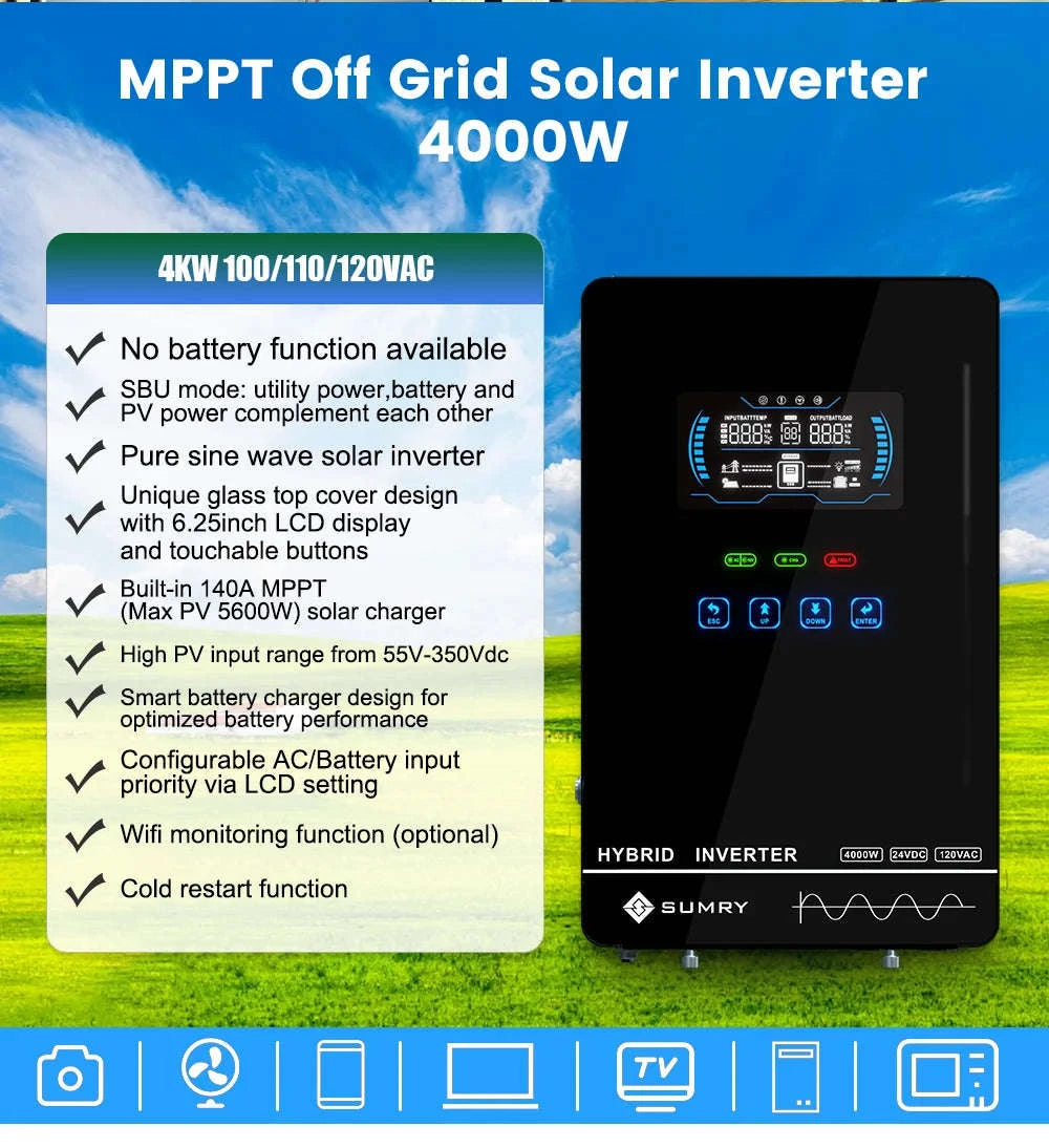 4KW Off Grid Solar Inverter 24V 140A MPPT Pure Sine Wave LCD-4000W 24V / 110-120V / United States