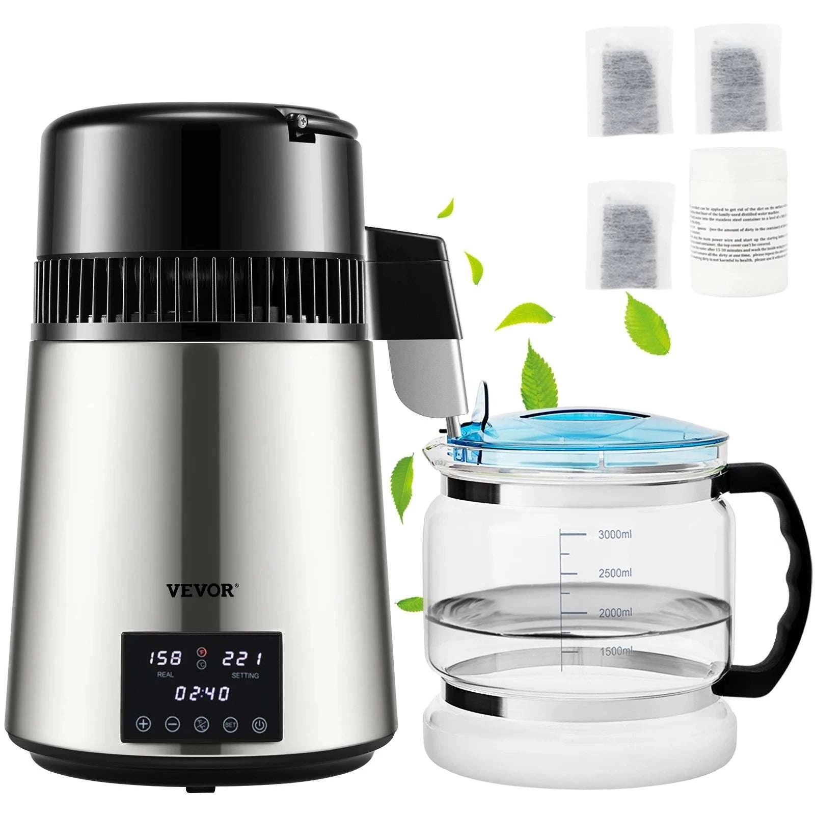 4L Home Water Distiller 1.5L/H with Touch Screen & Glass Carafe-Silver / United States
