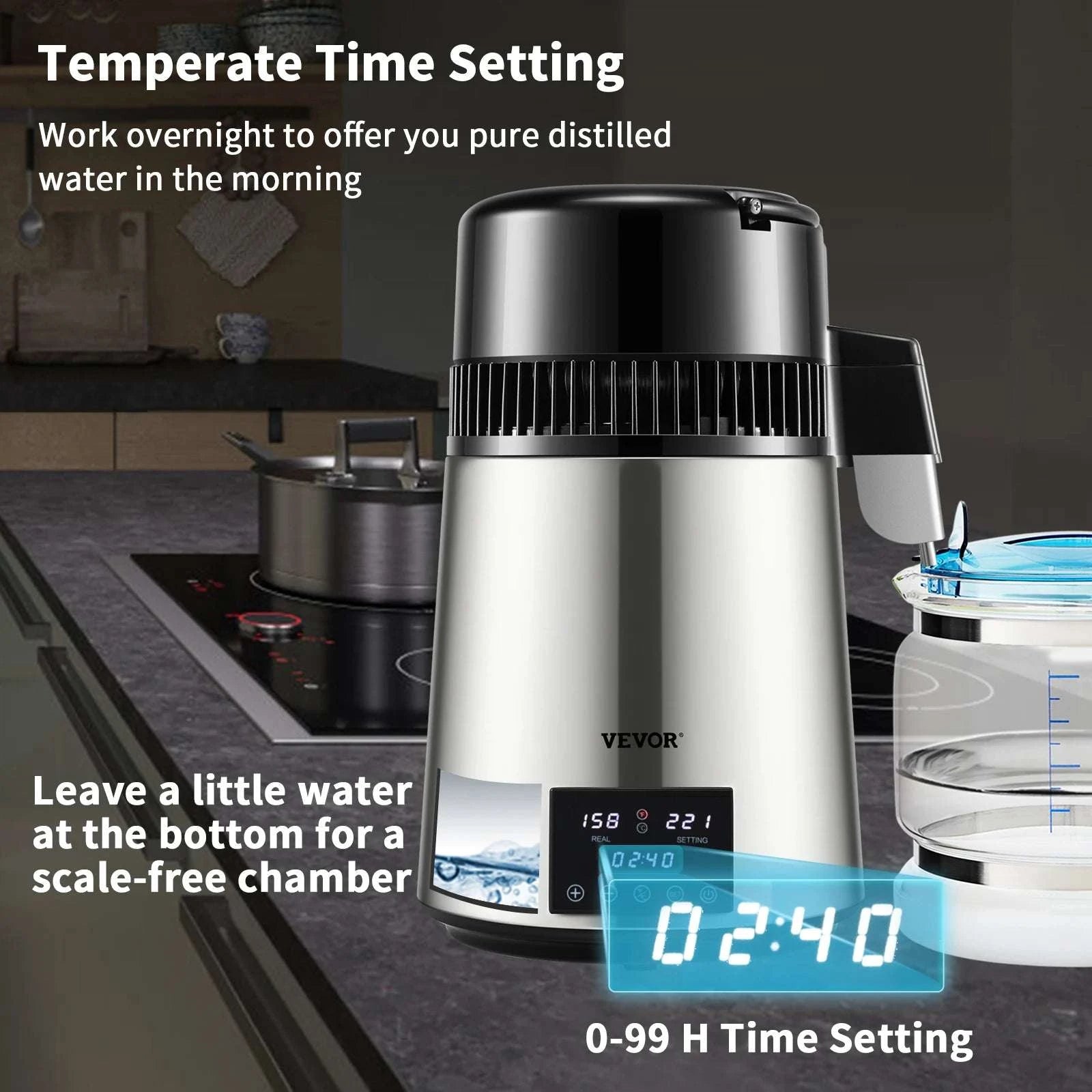 4L Home Water Distiller 1.5L/H with Touch Screen & Glass Carafe-Silver / United States