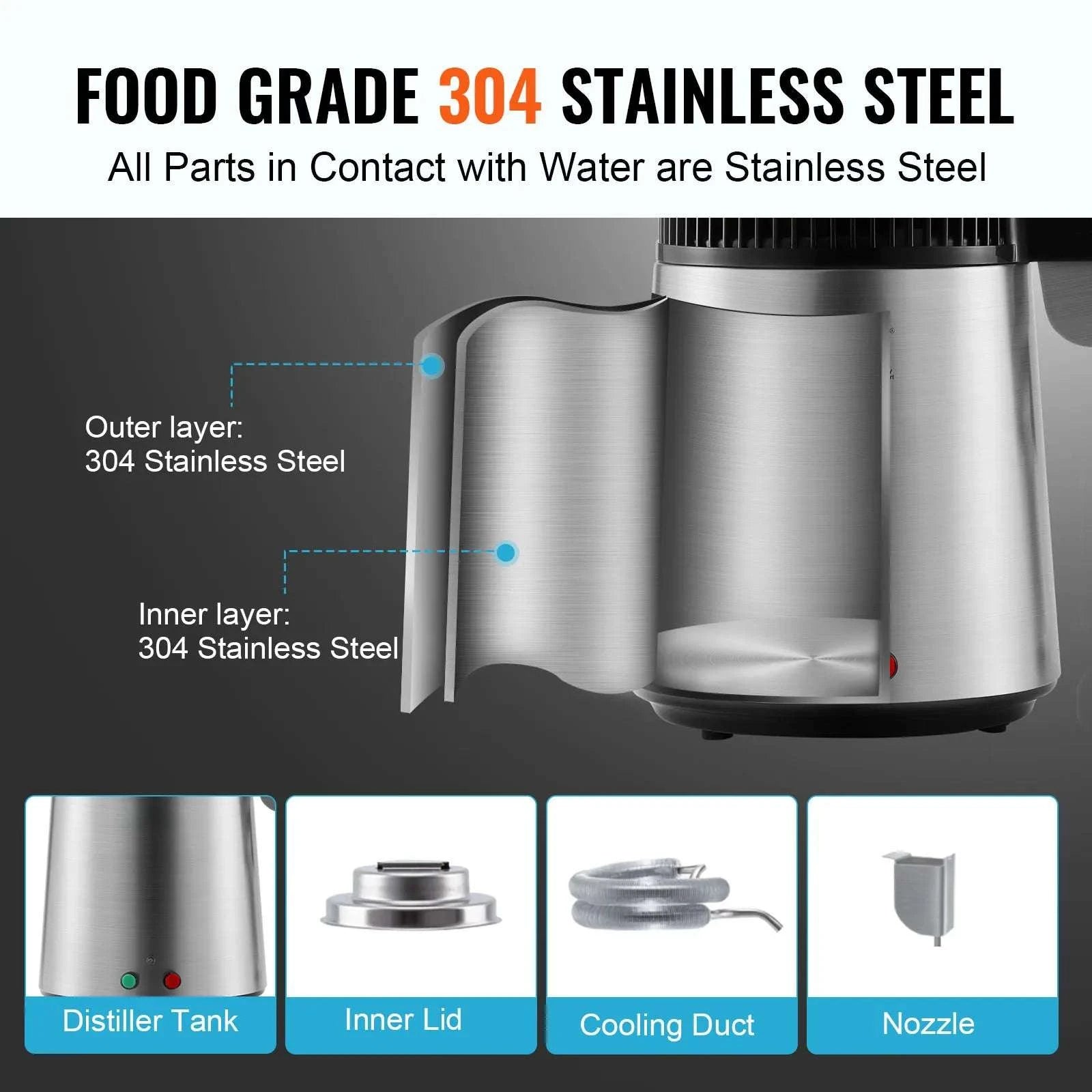 4L Water Distiller 750W Countertop Pure Water Filter System-4L / GERMANY