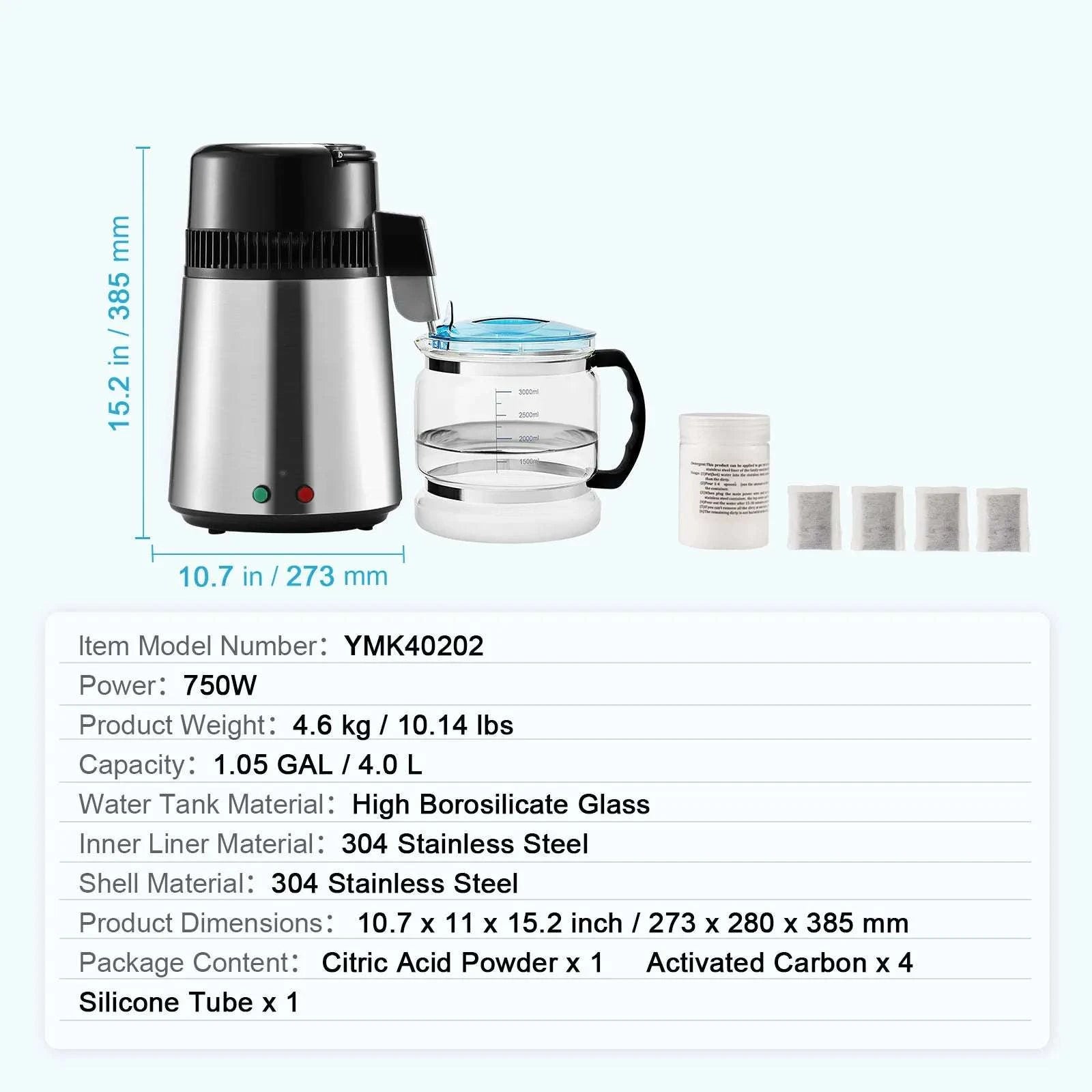 4L Water Distiller 750W Countertop Pure Water Filter System-4L / GERMANY