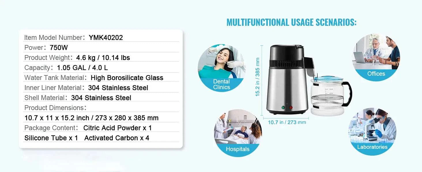 4L Water Distiller 750W Countertop Pure Water Filter System-4L / GERMANY