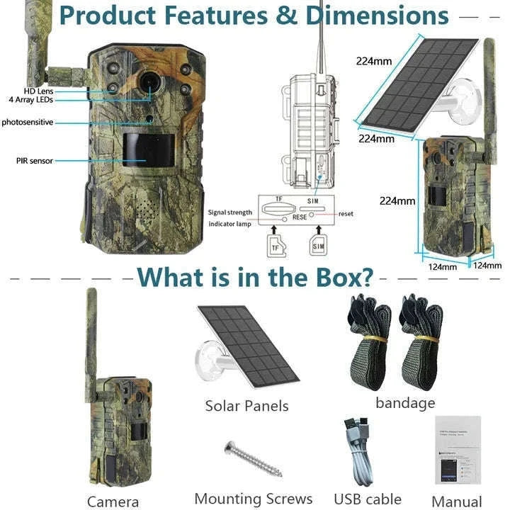 4MP 4G Solar Trail Camera Waterproof with 20M Motion Detection and 30M Night Vision-4G / france