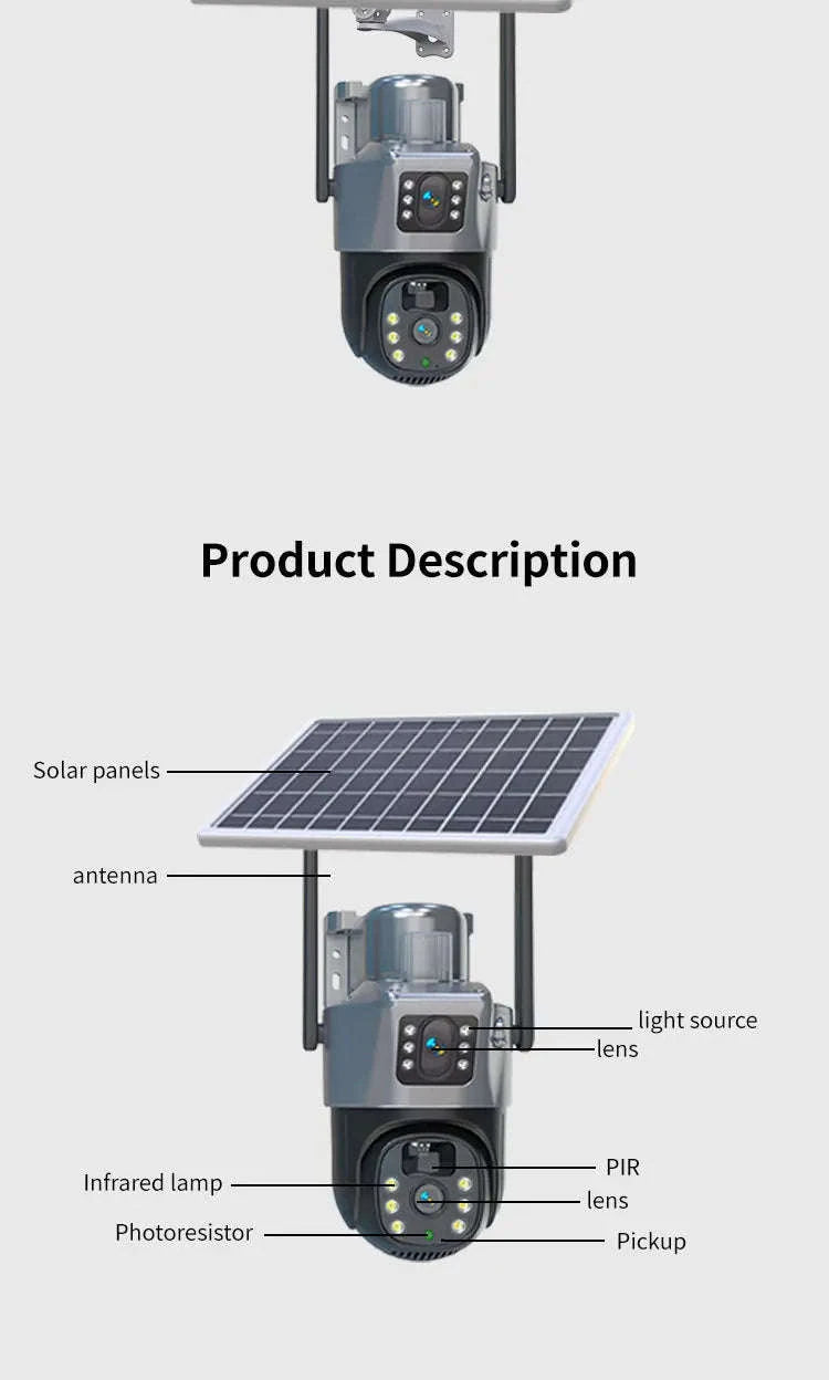 4MP Wireless Security Camera with Solar Panel, PTZ, Dual Lens-4G Ver / Poland