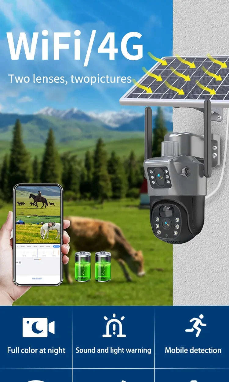 4MP Wireless Security Camera with Solar Panel, PTZ, Dual Lens-4G Ver / Poland