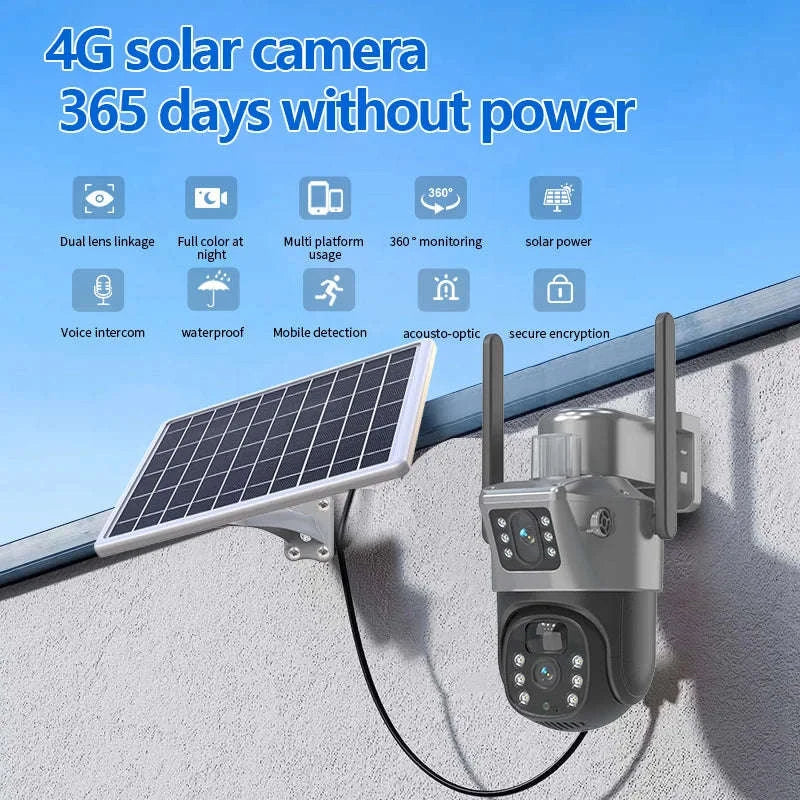 4MP Wireless Security Camera with Solar Power, PTZ, Dual Lens-WIFI / france