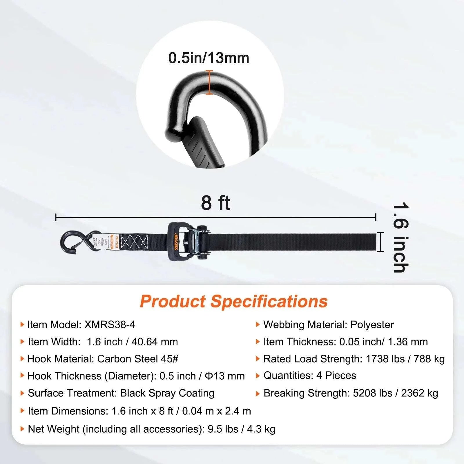 4PCS Ratchet Tie Down Straps with Hooks for Cargo & Motorcycle-1.6 x 8 in / United States