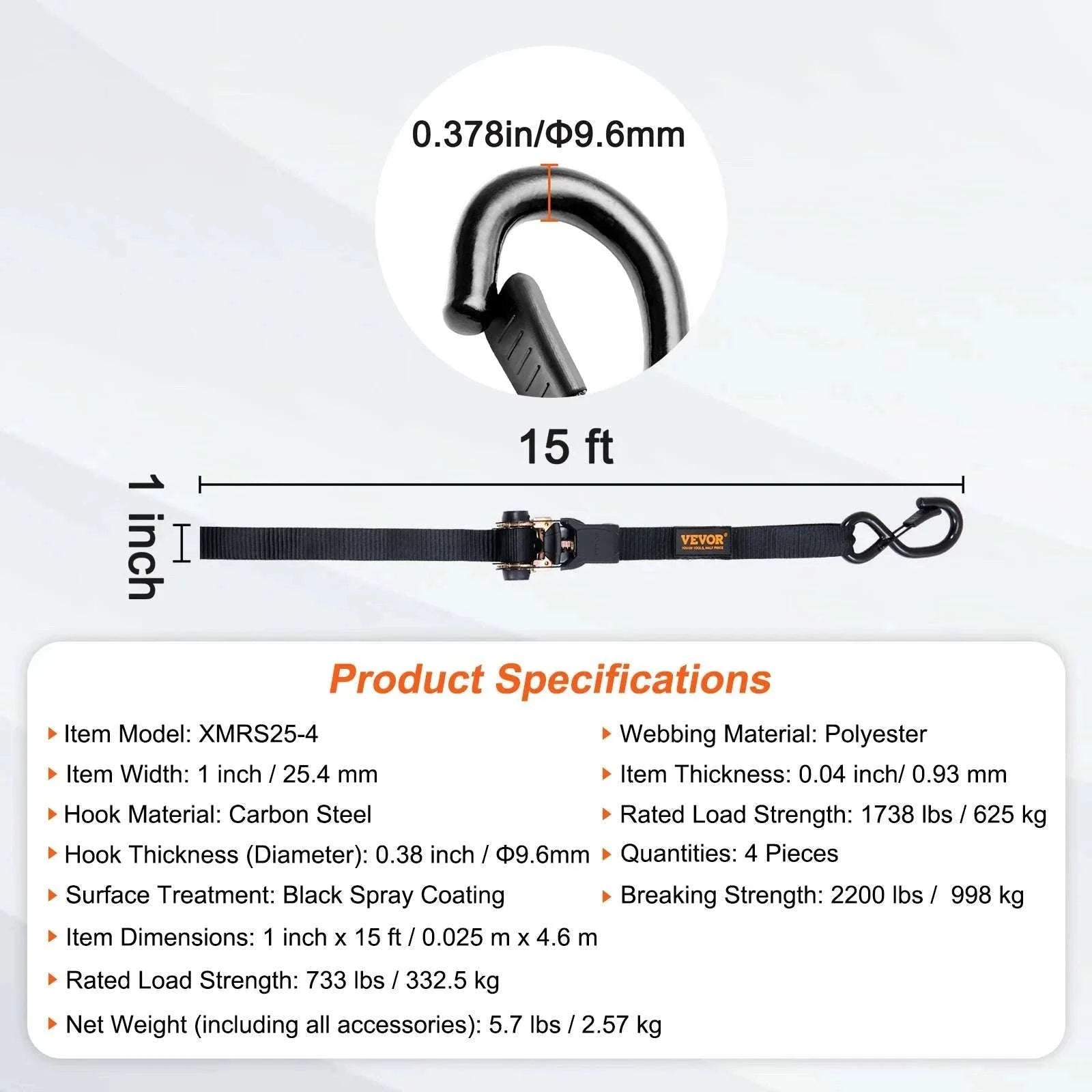 4PCS Ratchet Tie Down Straps with Hooks for Cargo & Motorcycle-1.6 x 8 in / United States