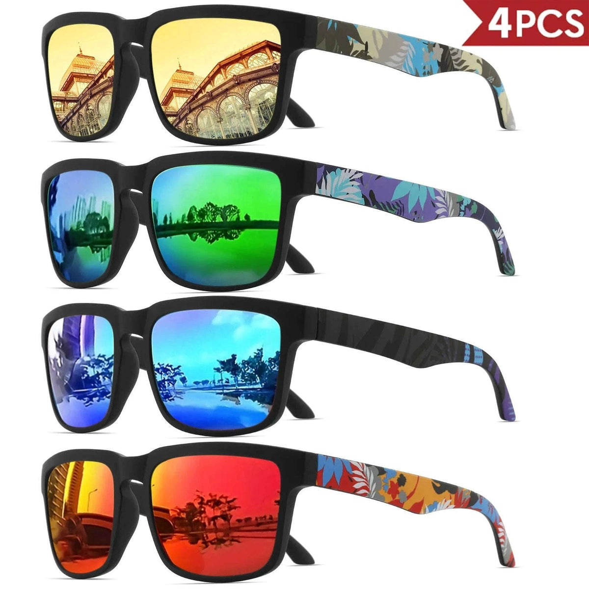 4PCS Square Sports Sunglasses with Designer Temple Pattern-4PCS-5