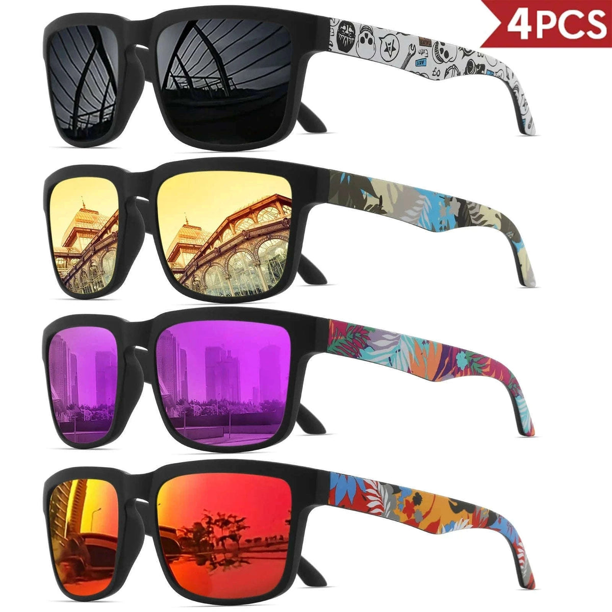 4PCS Square Sports Sunglasses with Designer Temple Pattern-4PCS-5