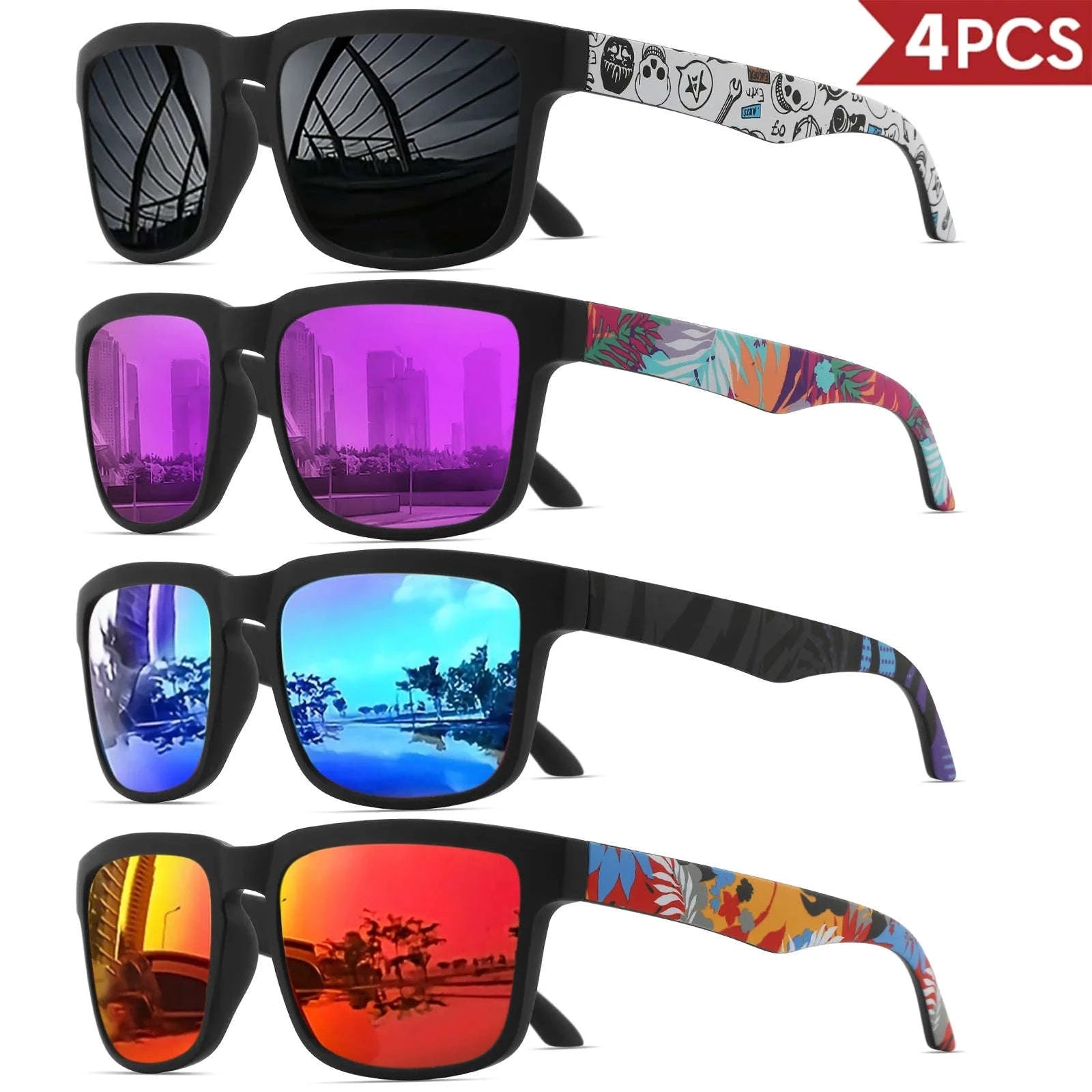 4PCS Square Sports Sunglasses with Designer Temple Pattern-4PCS-5