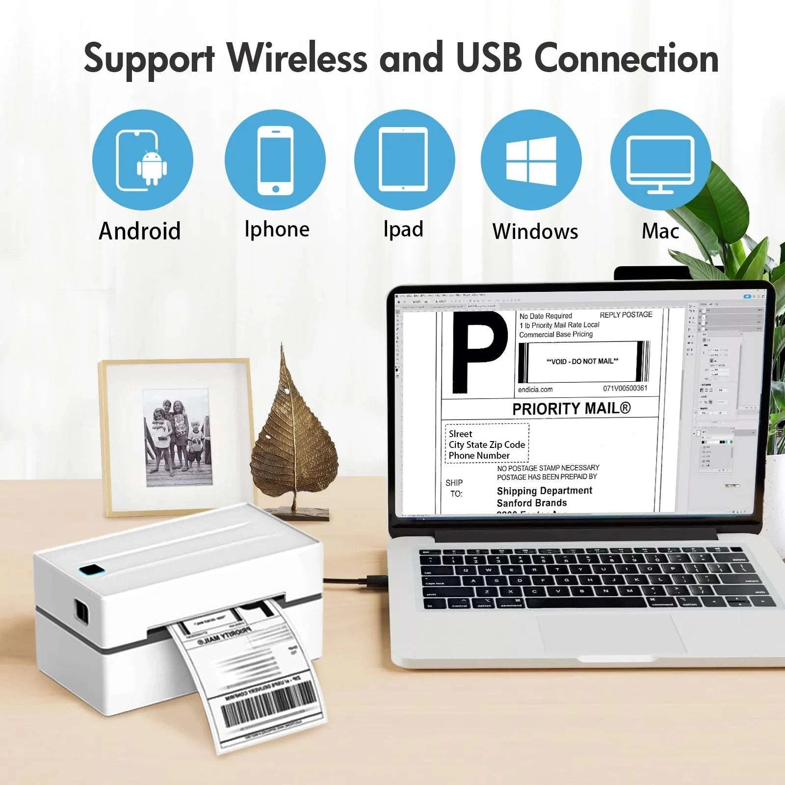 4x6 Thermal Label Printer No Ink Bluetooth USB 203 DPI Fast Print-Black color / United States