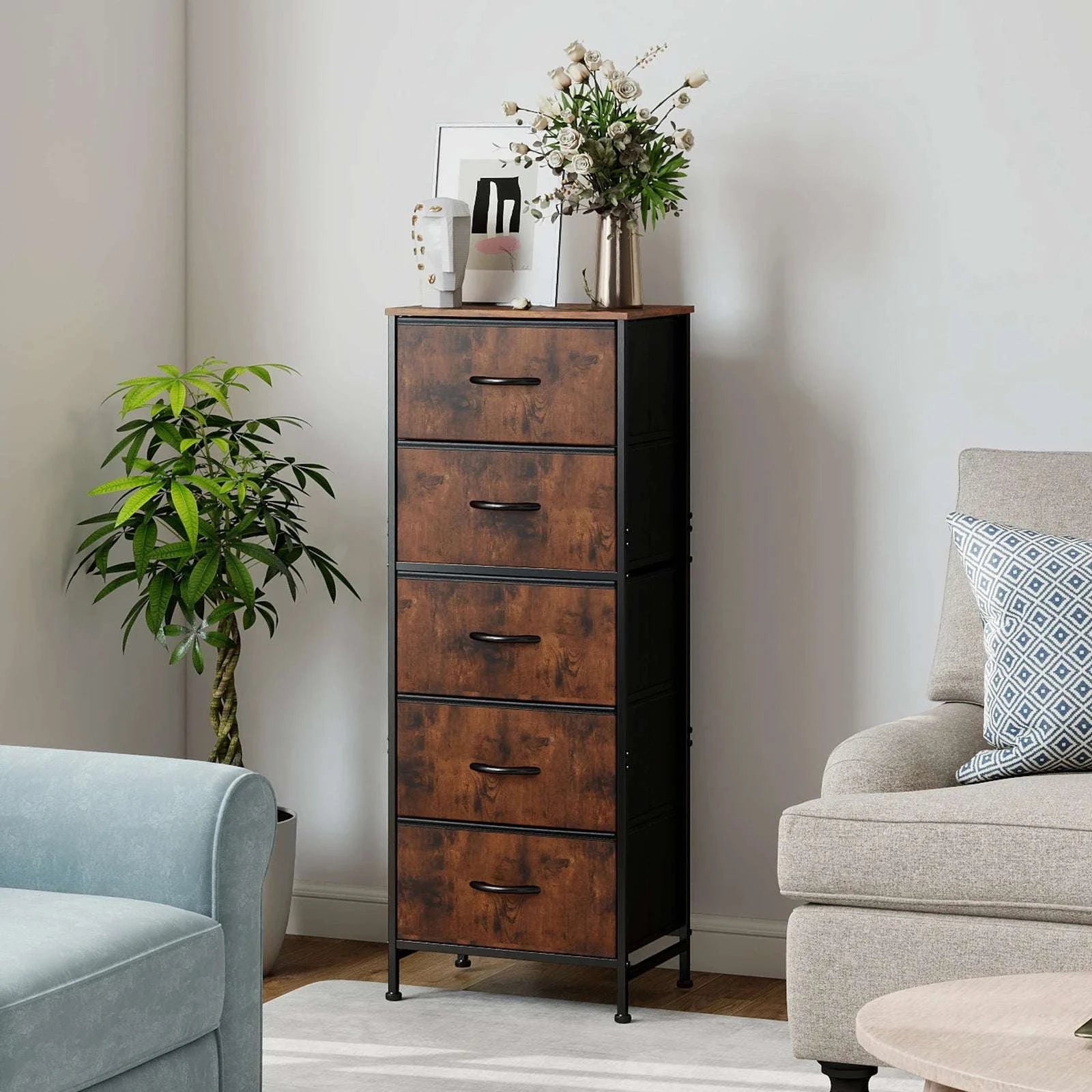 5 Drawer Fabric Dresser Cabinet Slim Storage Tower with Wood Top-black / United States