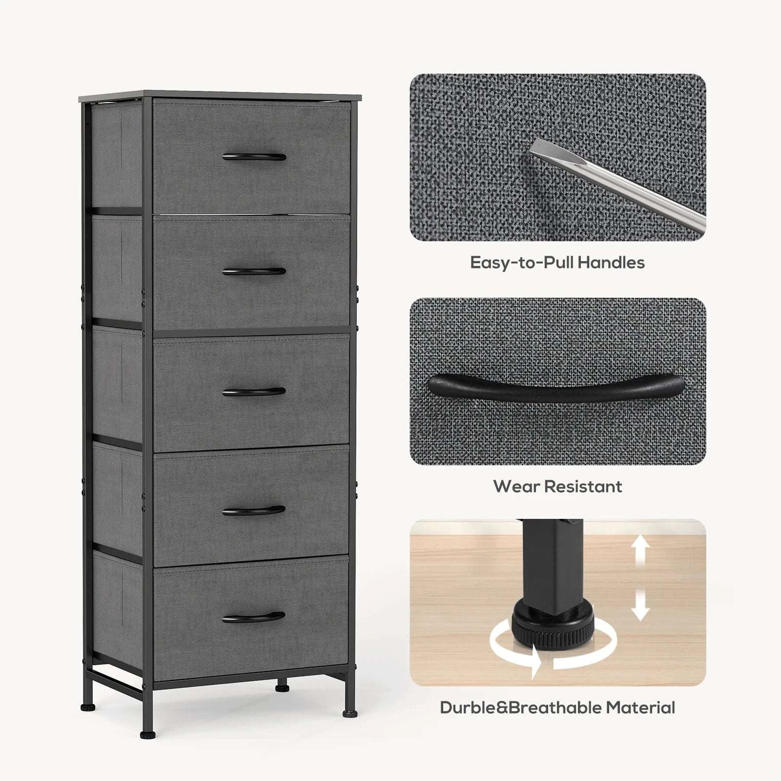 5 Drawer Fabric Dresser Cabinet Slim Storage Tower with Wood Top-black / United States