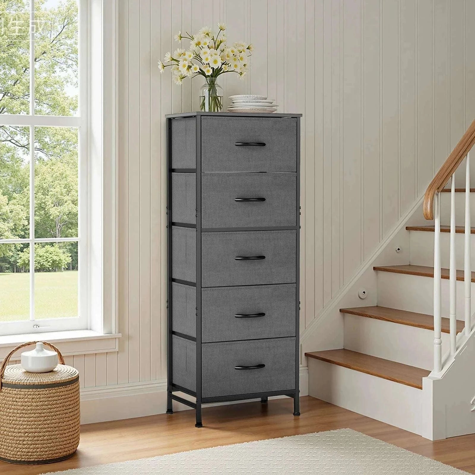 5 Drawer Fabric Dresser Cabinet Slim Storage Tower with Wood Top-black / United States