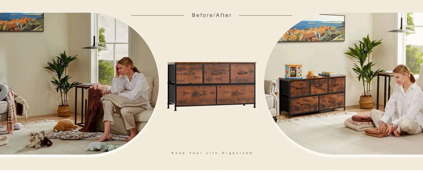 5-Drawer Fabric Dresser with Metal Frame Storage Cabinet-Ivory / GERMANY
