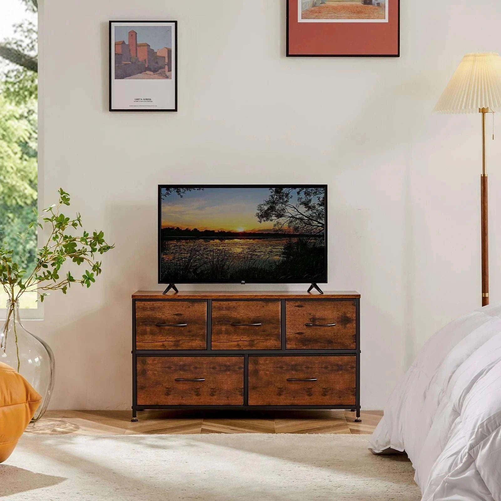 5-Drawer Fabric Dresser with Metal Frame Storage Cabinet-Ivory / GERMANY