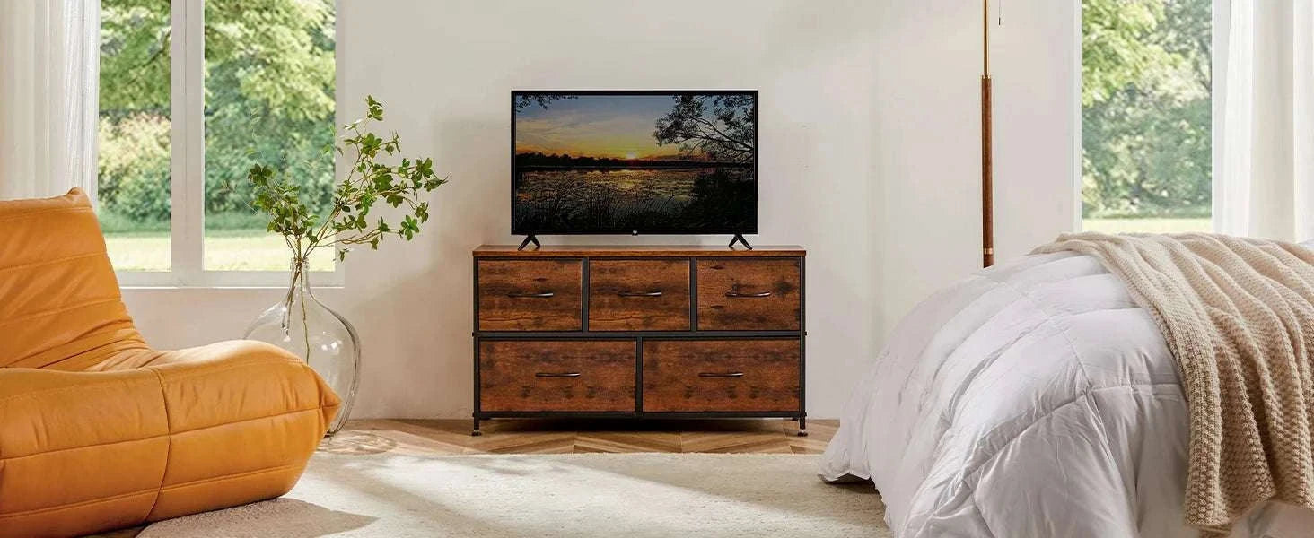 5-Drawer Fabric Dresser with Metal Frame Storage Cabinet-Ivory / GERMANY