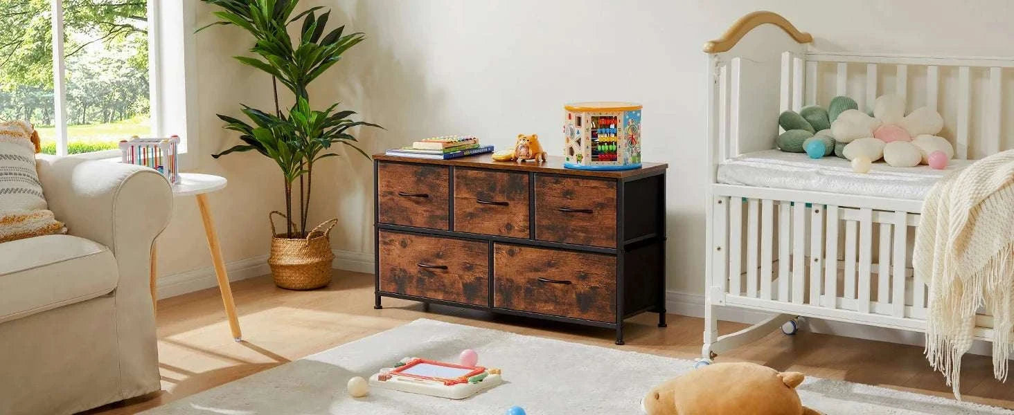 5-Drawer Fabric Dresser with Metal Frame Storage Cabinet-Ivory / GERMANY