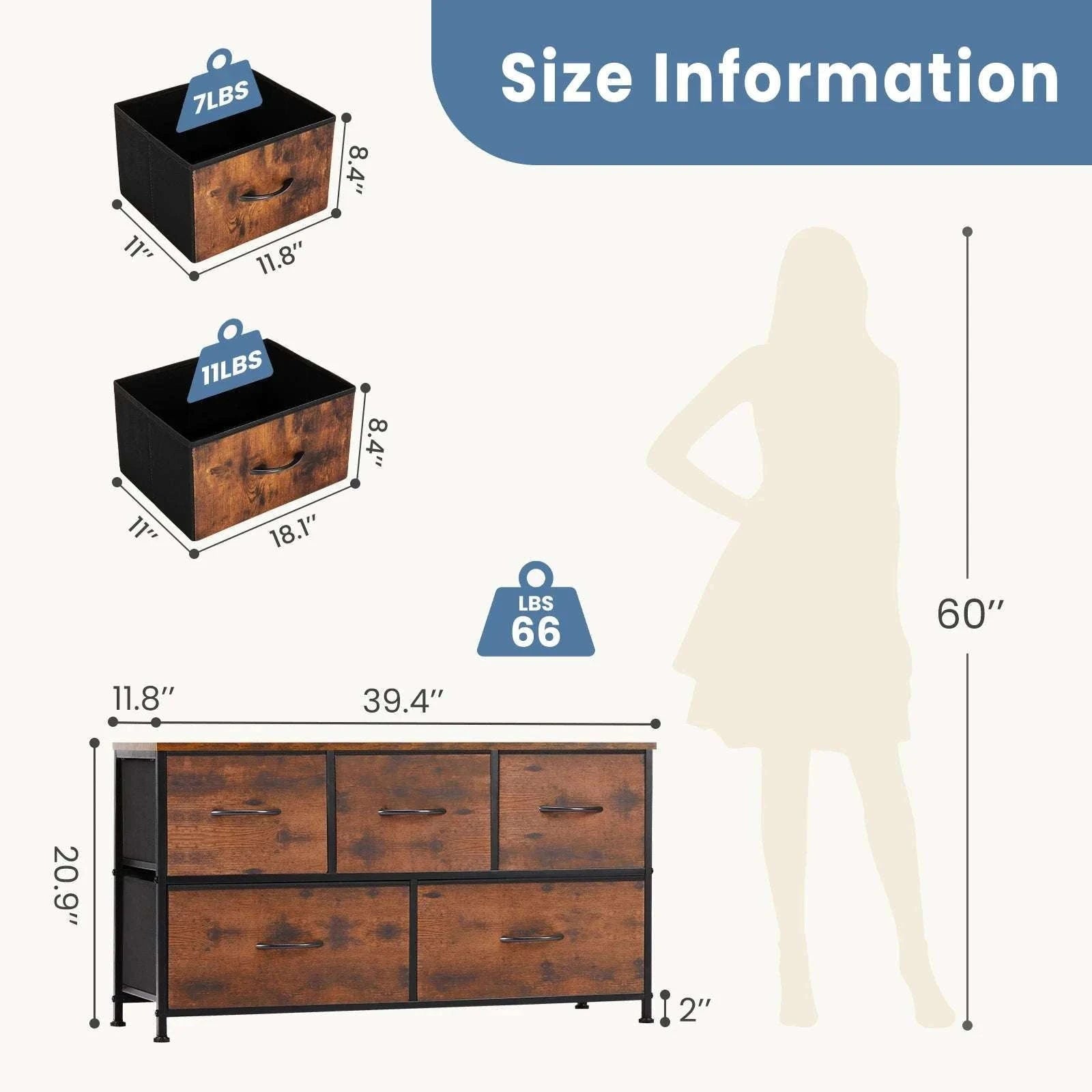 5-Drawer Fabric Dresser with Metal Frame Storage Cabinet-Ivory / GERMANY