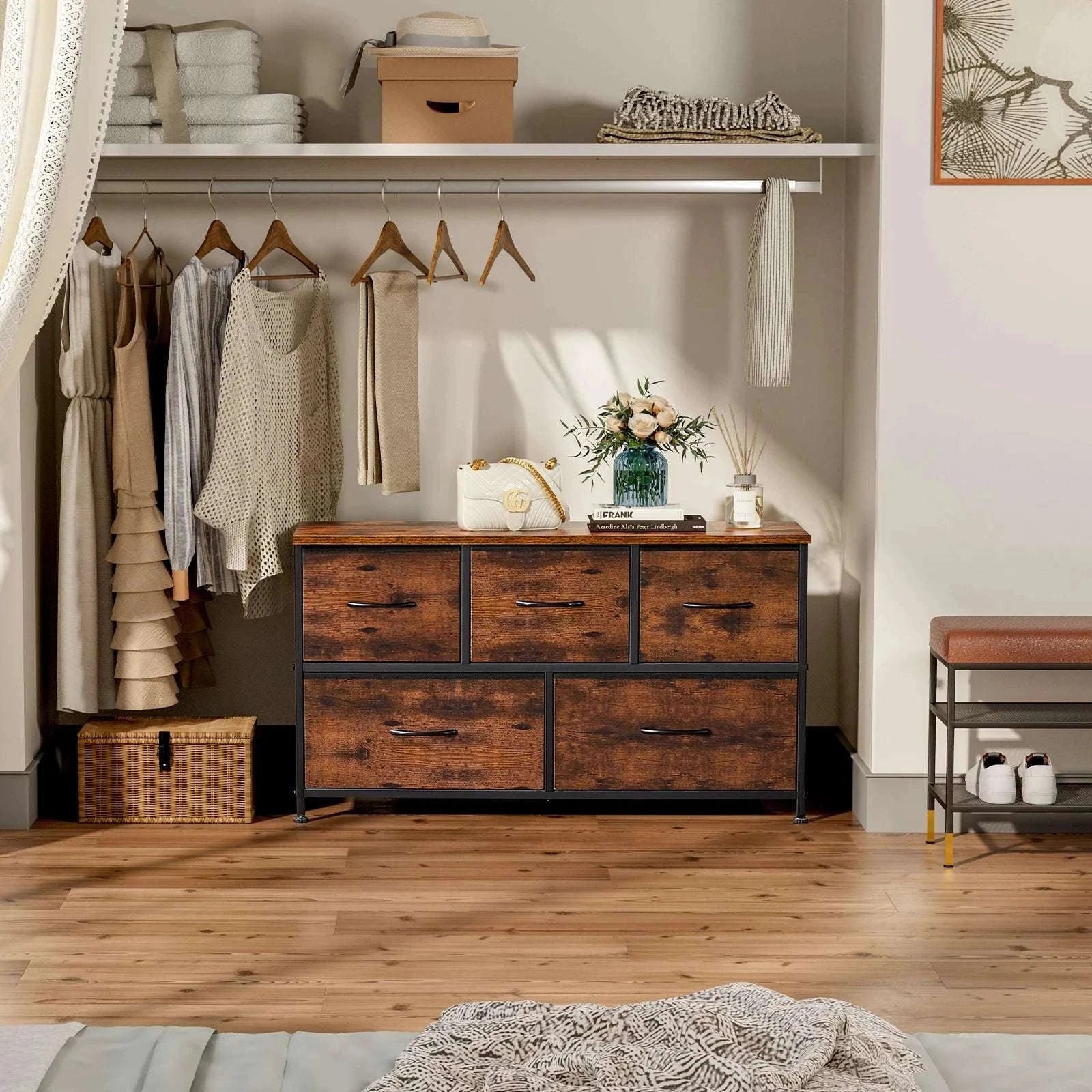 5-Drawer Fabric Dresser with Metal Frame Storage Cabinet-Ivory / GERMANY