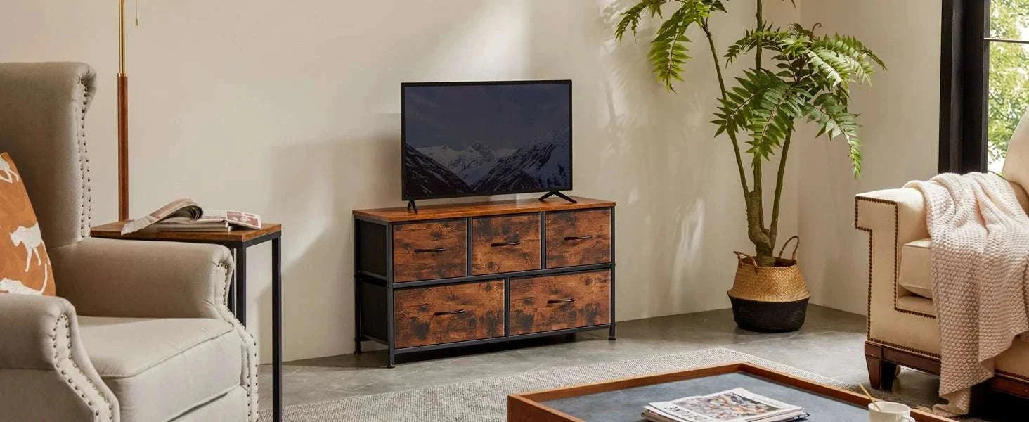 5-Drawer Fabric Dresser with Metal Frame Storage Cabinet-Ivory / GERMANY