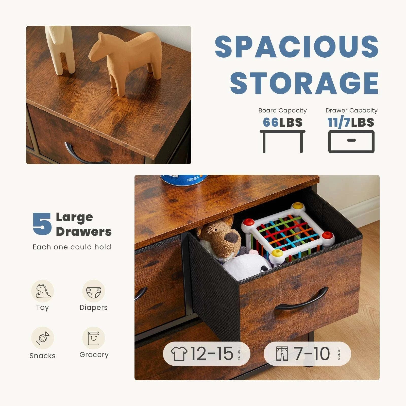 5-Drawer Fabric Dresser with Metal Frame Storage Cabinet-Ivory / GERMANY