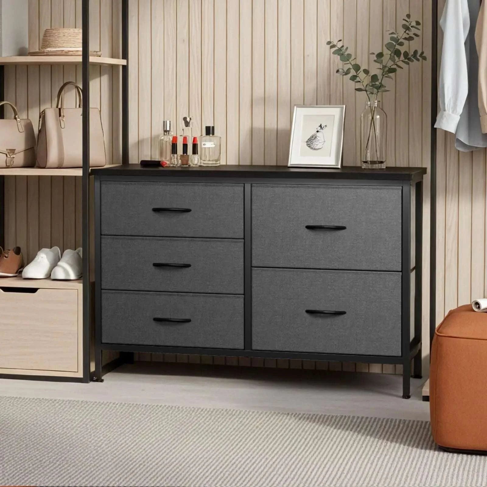 5-Drawer Fabric Dresser with Metal Frame Storage Organizer-Grey / United States