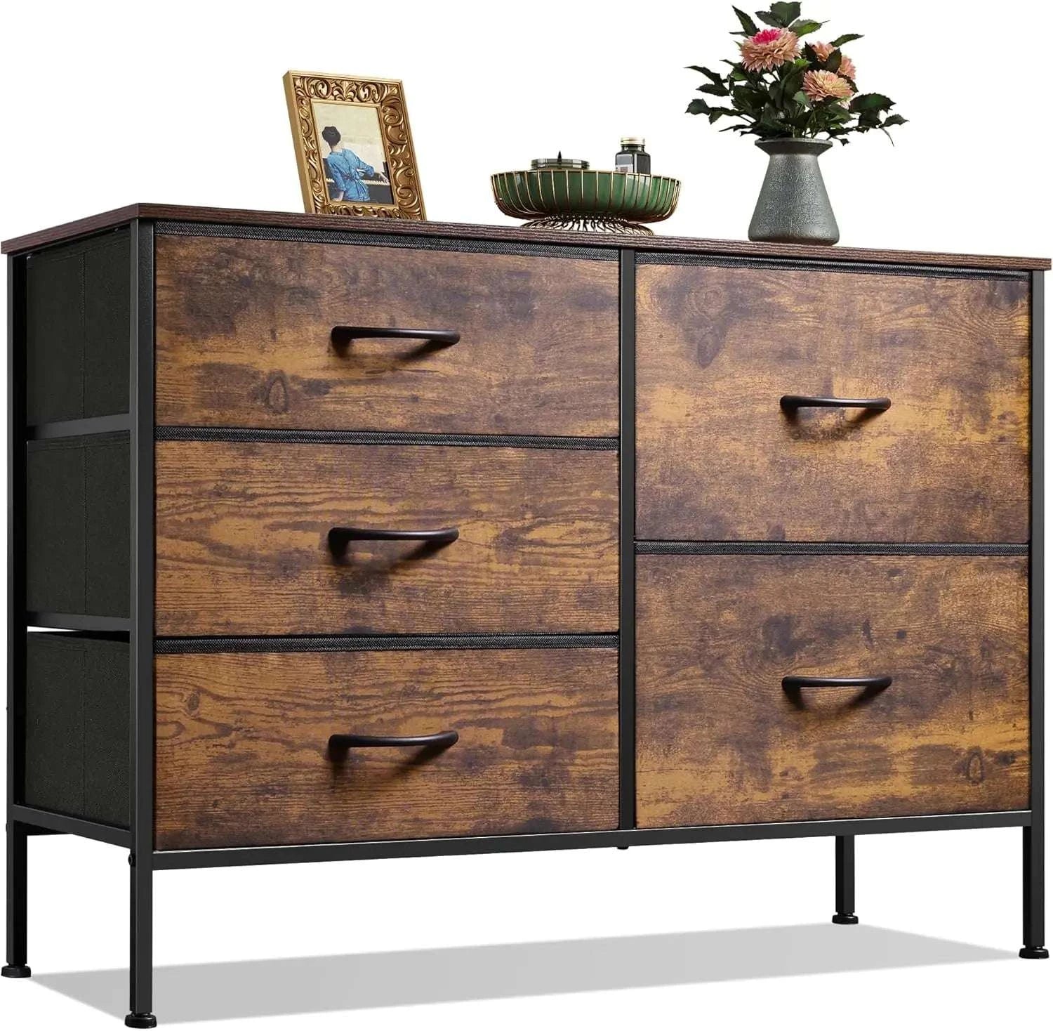 5-Drawer Fabric Dresser with Metal Frame Storage Organizer-Grey / United States