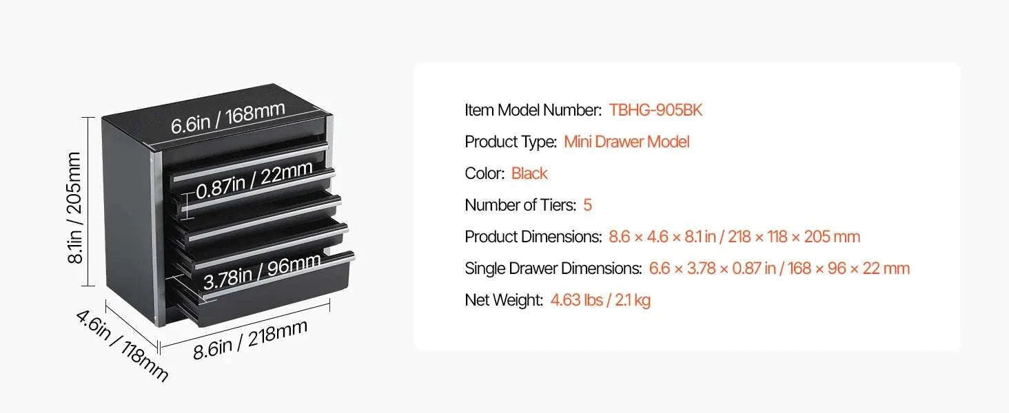 5-Drawer Mini Metal Tool Box 8.6" Portable Organizer Chest-Balck / United States