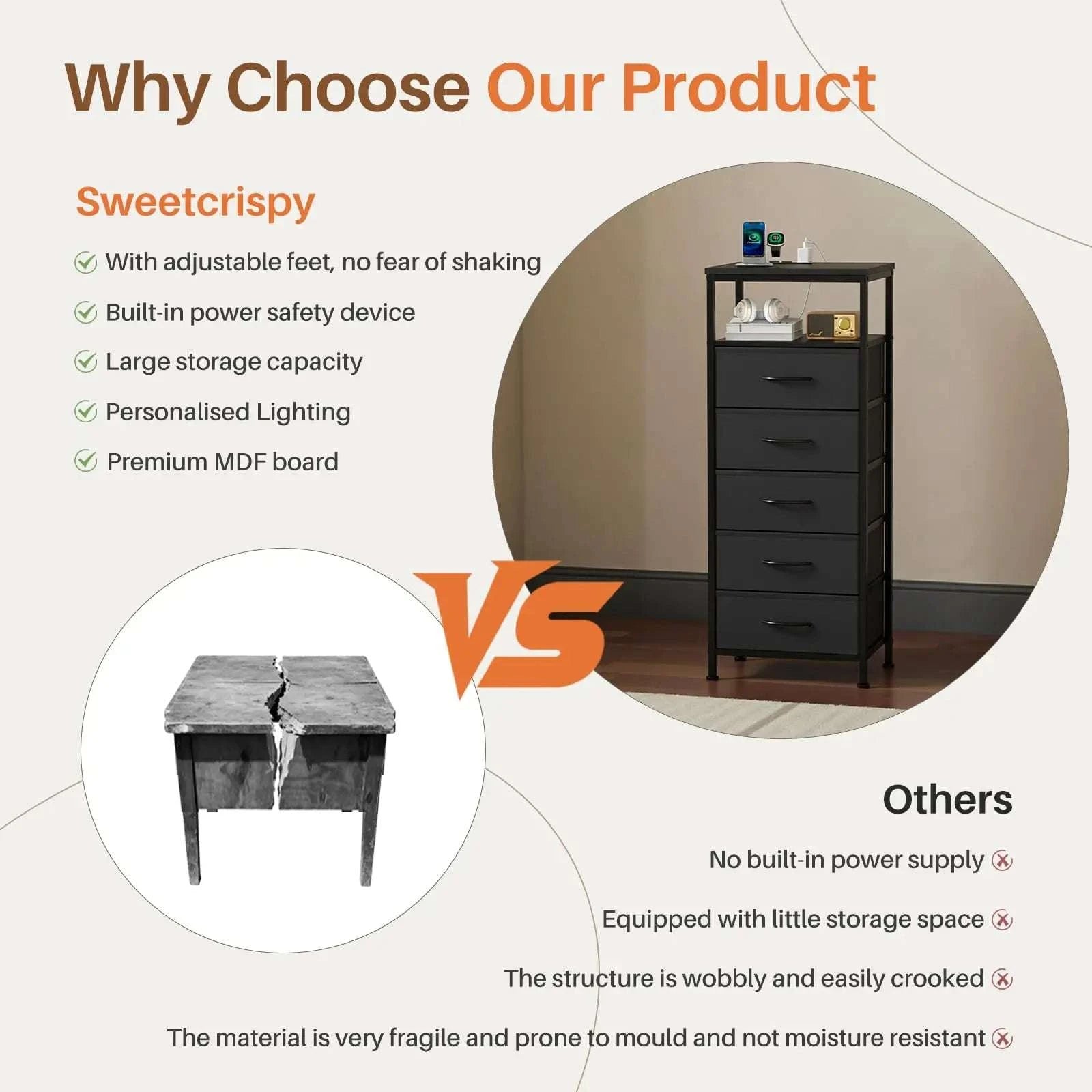 5-Drawer Nightstand with Charging Station, LED Lights & Storage-black / United States