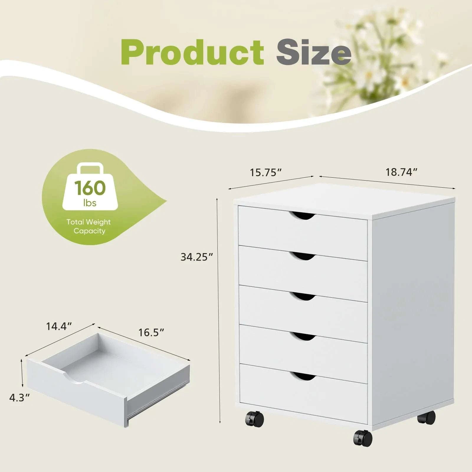 5 Drawer Rolling Nightstand Cabinet with Waterproof Top Surface-black / United States