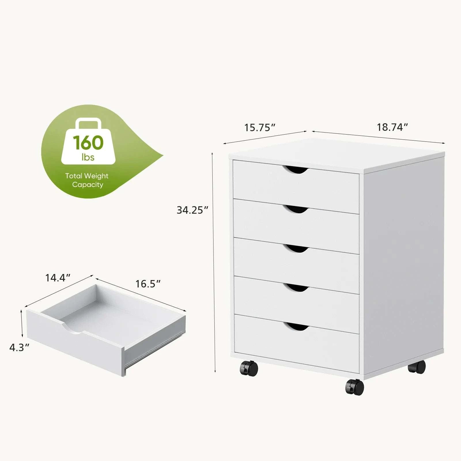 5 Drawer Rolling Storage Cabinet with Wheels Modern Organizer-Ivory / United States