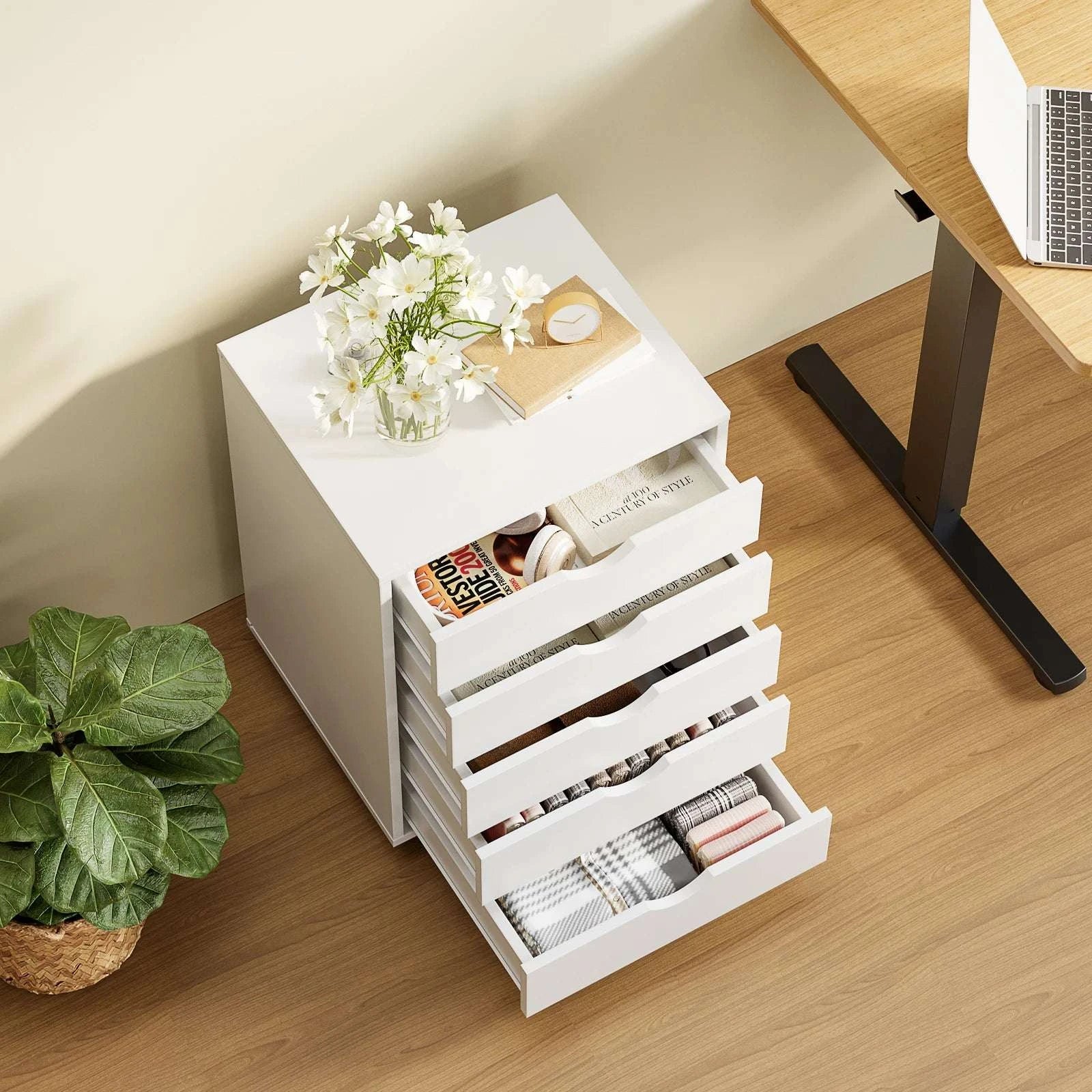 5 Drawer Rolling Storage Cabinet with Wheels Modern Organizer-Ivory / United States