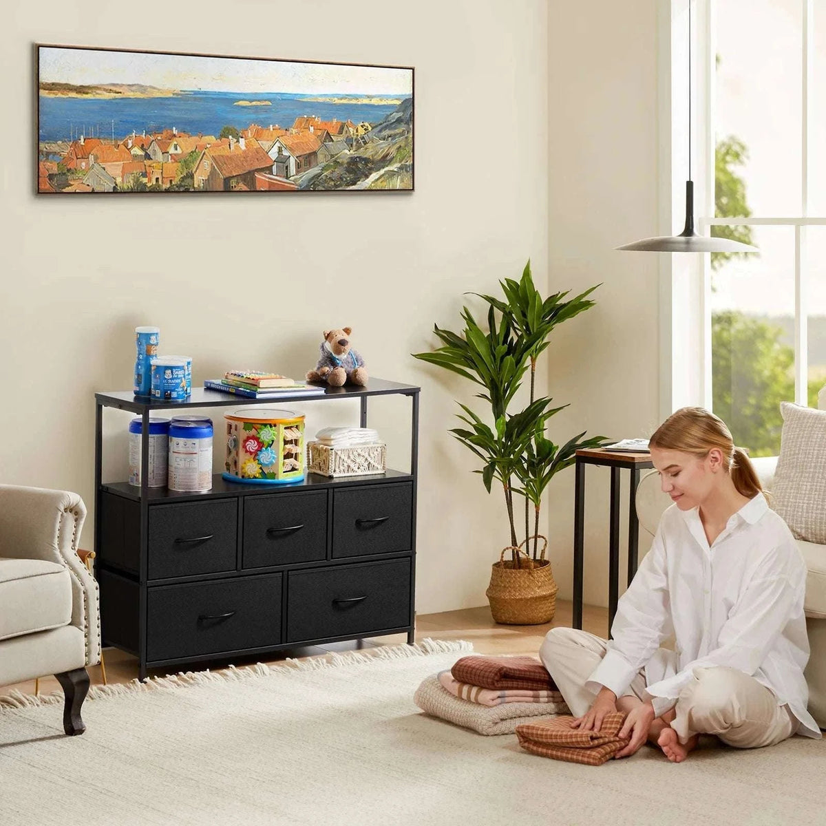 5 Drawer Shoe Cabinet TV Stand Storage Organizer with Fabric Bins-WHITE / United States