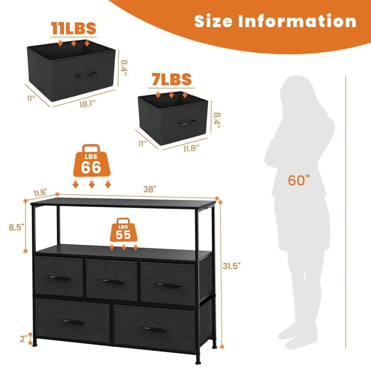 5 Drawer Shoe Cabinet TV Stand Storage Organizer with Fabric Bins-WHITE / United States